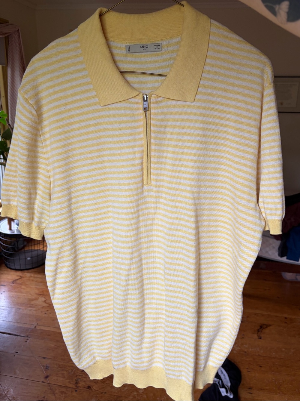 Mango Yellow and White Striped Zip Polo Sweater